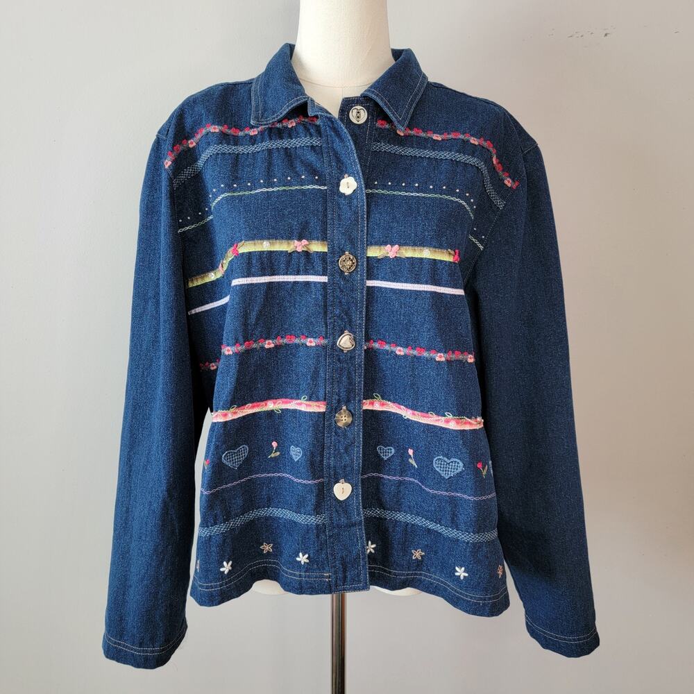 Koret VTG Denim Jean Jacket Top Embellished Patchwork Artsy Twee Grannycore XL